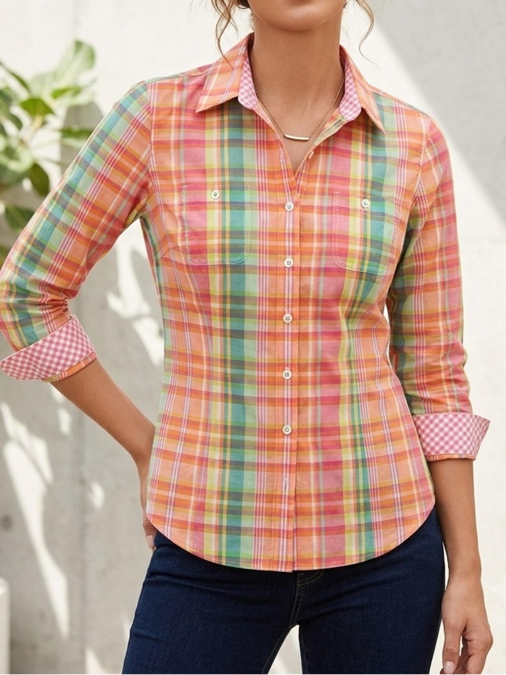 Van Heusen Coral, Green & Blue Plaid Button-Down Shirt